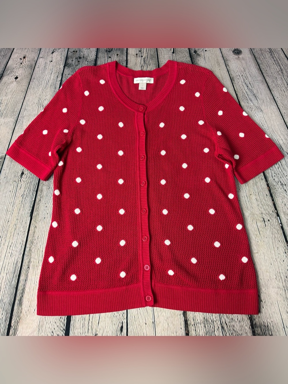 Christopher & Banks Red Polka Dot Button-Up 100% Cotton Net Cardigan Size Large